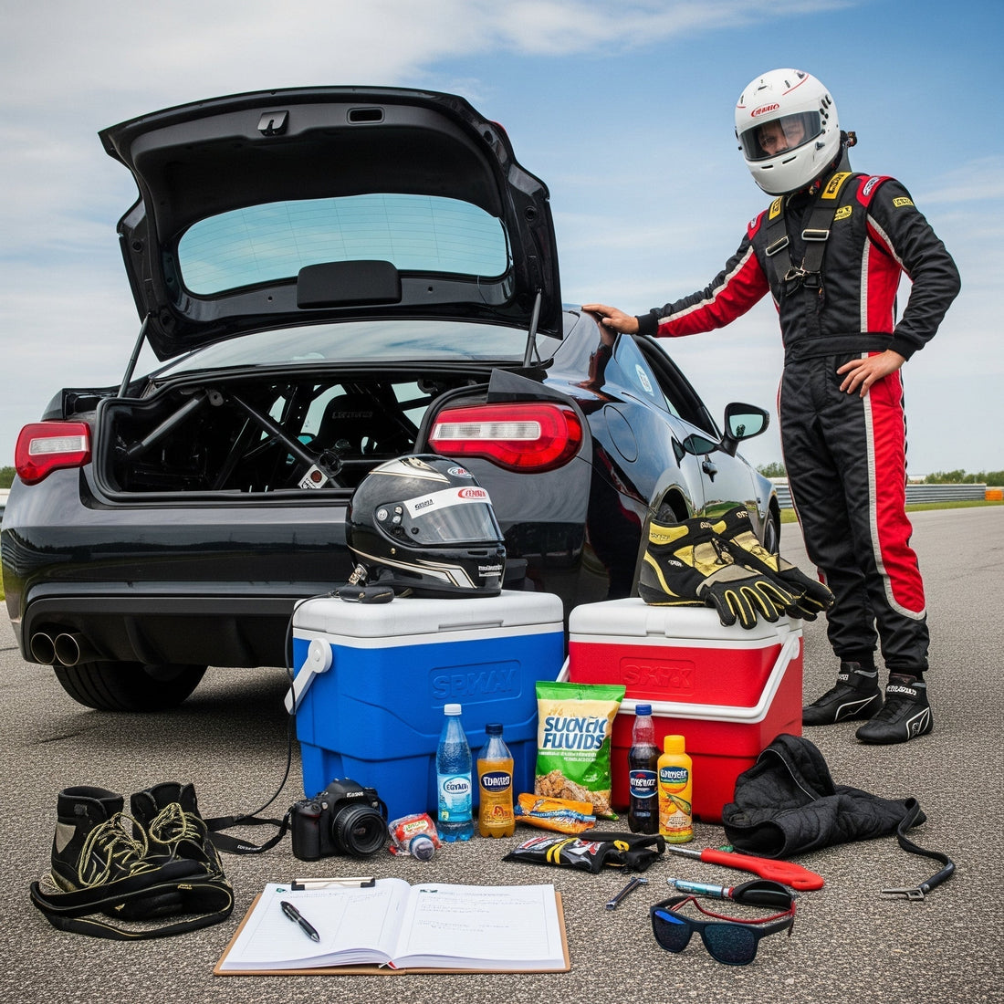 Race car driver with gear and essentials for track day packing list.