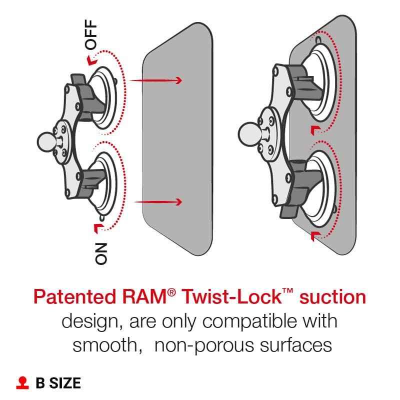 RAM Mounts Twist-Lock Dual Suction Cup Base with Ball RAM-B-189B-202U with B Size 1" Ball - Track Minded HPDE, LLC