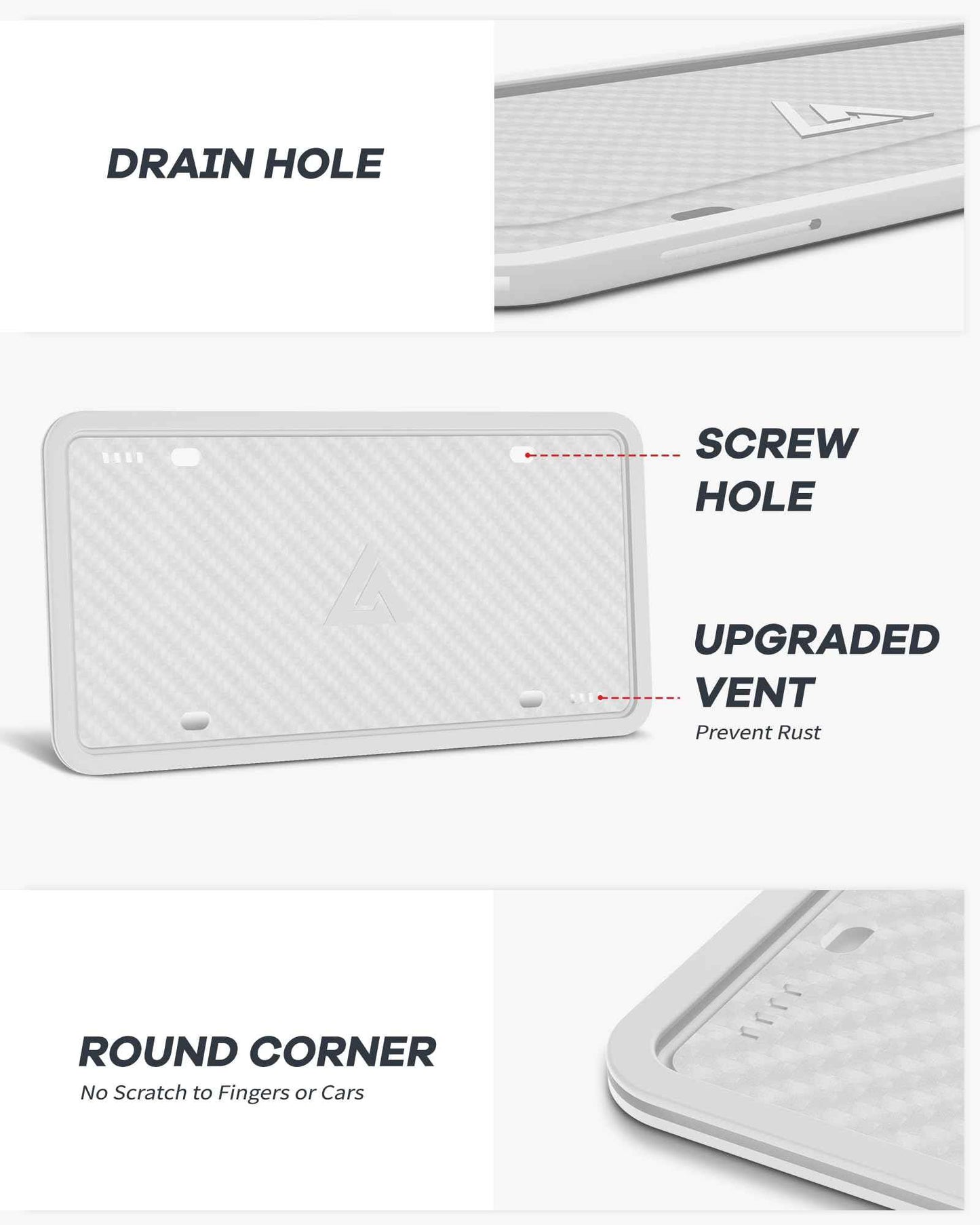 Aujen Silicone License Plate Frames, 2 Pack White Side-Opening License Bracket Holder, Without Obstruction. Rustproof, Rattle Proof & Weatherproof Universal
