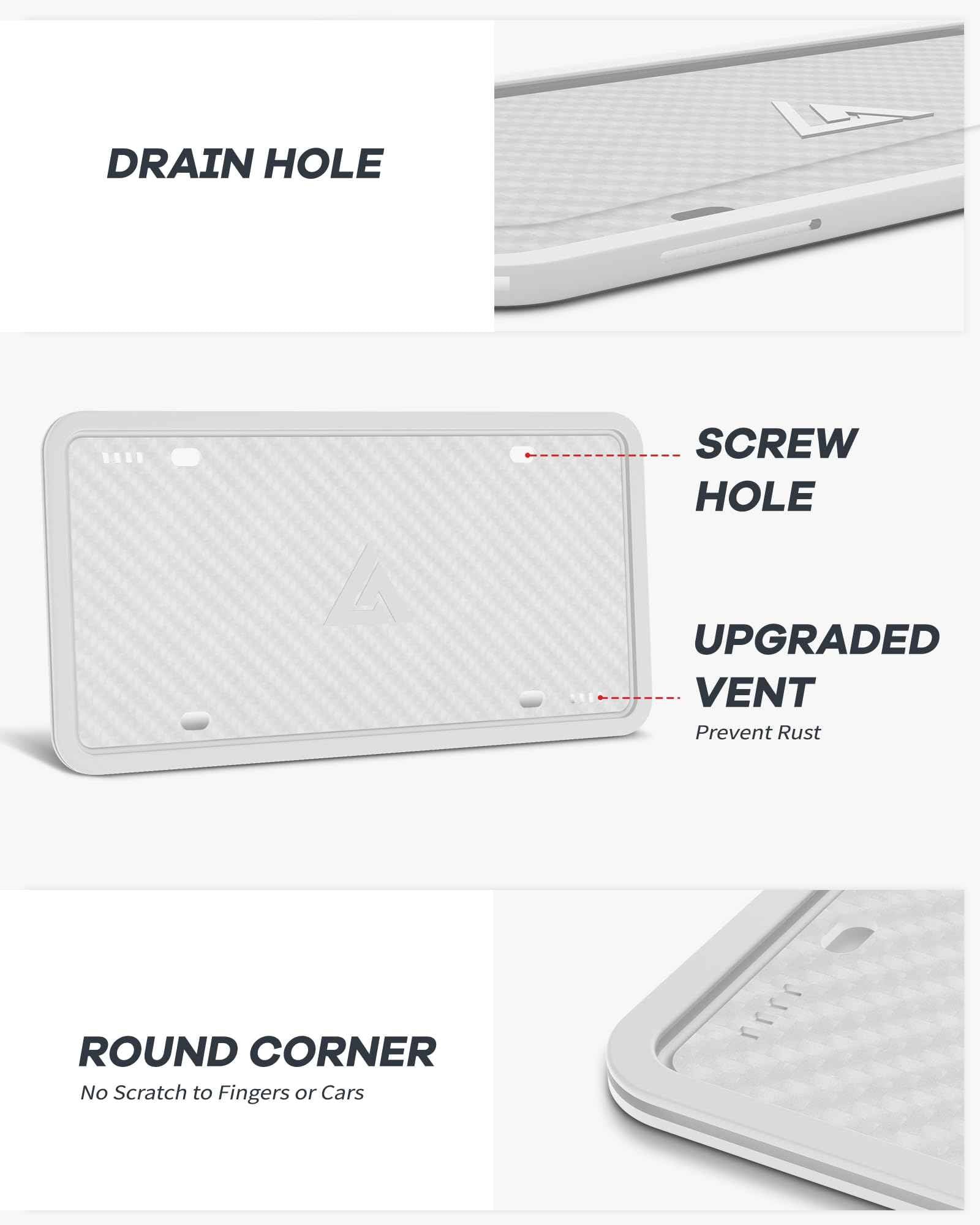 Aujen Silicone License Plate Frames, 2 Pack White Side-Opening License Bracket Holder, Without Obstruction. Rustproof, Rattle Proof & Weatherproof Universal