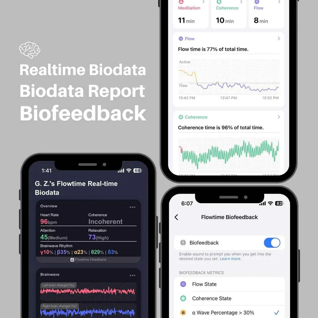 Flowtime: Biosensing Meditation Headband - Brain Tracker for Neurofeedback Training at Home - Heart Rate, Breath, HRV, Stress, Flow, Alpha, Theta, Beta, Gamma Wave Breakdowns - Track Minded HPDE, LLC