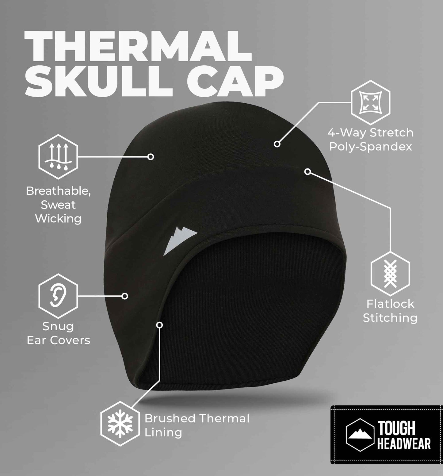 Tough Headwear Thermal Helmet Liner Skull Caps for Men - Winter Running Beanie, Helmet Cap & Cycling Caps for Running, Skiing, Winter Sports Black