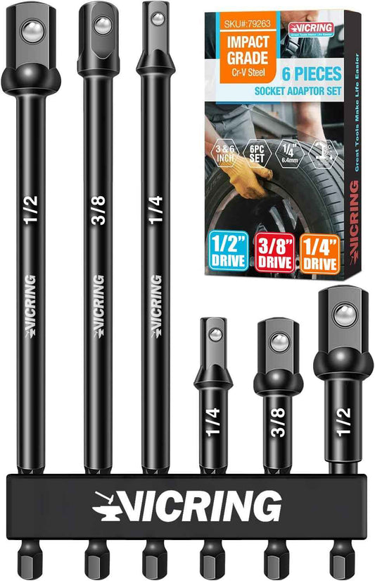 Impact Socket Adapter Set - 1/4, 3/8, 1/2 Drive Socket Adapter for Drill & Impact Wrench (6 Pcs, 3" & 6")
