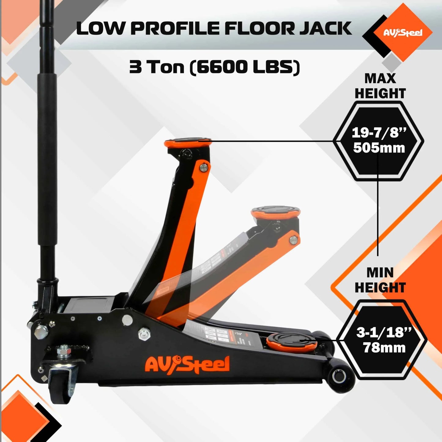 AV Steel Low Profile Floor Jack 3 Ton (6600 lbs), Heavy Duty Hydraulic Jack for Car, Heavy-Duty Floor Jack with Dual Pistons Quick Lift Pump, Car Floor Jack with Lifting Range 3-1/8'' to 19-7/8'' - Track Minded HPDE, LLC