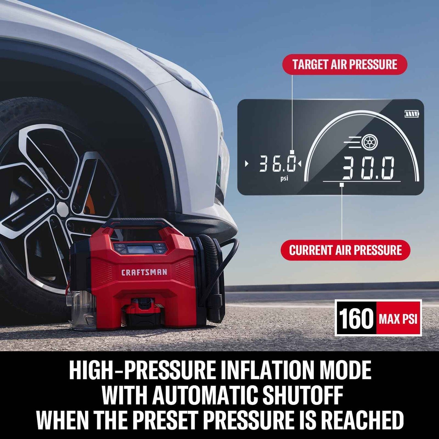 CRAFTSMAN 3-in-1 Tire Inflator Kit with Battery & Charger, 160 PSI Portable Air Compressor, Car Vacuum & Dust Blower with LED Light (Includes 4.0Ah Battery & 12V Charger)