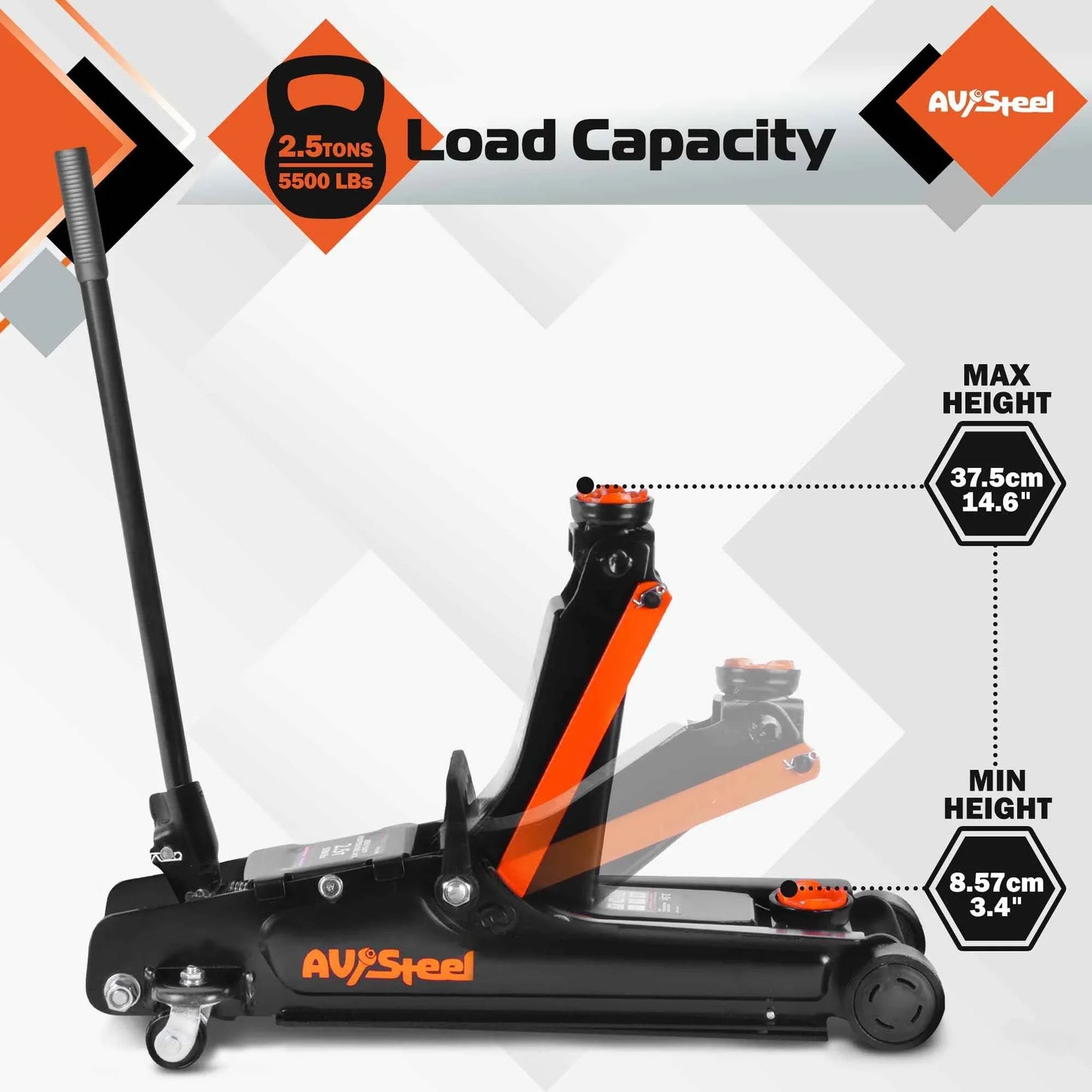 AV Steel Floor Jack 2.5 Ton (5500 lbs), Low Profile Floor Jack with Single Piston Pump, Heavy Duty Steel Hydraulic Jack for Car, Jack for Car with Lifting Range 3.4'' to 14.6'' - Track Minded HPDE, LLC