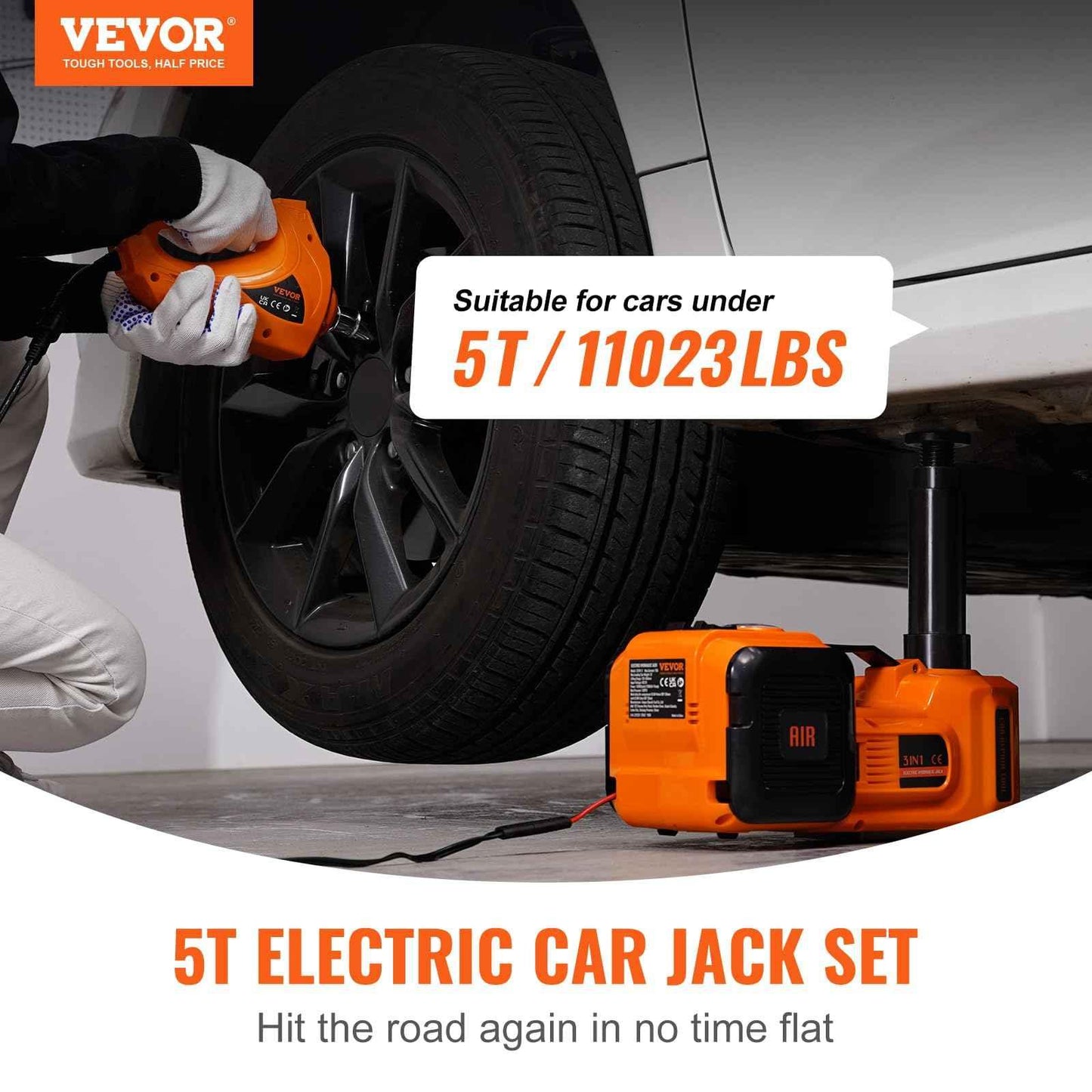VEVOR Electric Car Jack, 5 Ton/11023 LBS Hydraulic Jack Lift with Electric Impact Wrench, Built-in Inflatable Pump, and LED Light for SUV MPV Sedan Truck Garage Repair - Track Minded HPDE, LLC