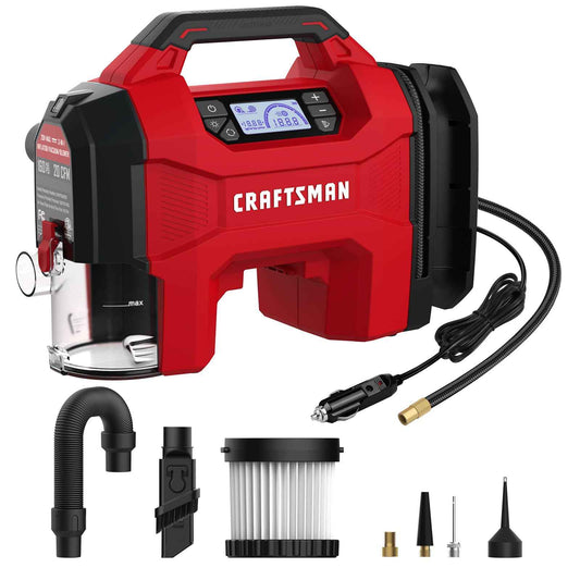 CRAFTSMAN Inflator/Vacuum/Blower 3-IN-1,Tire Inflator Portable Air Compressor with LED Light,Quiet Car Vacuum or Blower, 160 PSI for Car RV Truck,12V DC Corded and 20V DC Cordless,Tool Only
