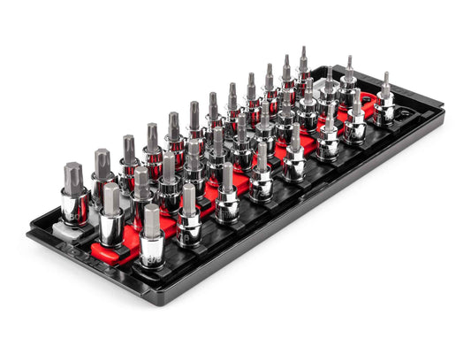 TEKTON 3/8 Inch Drive Hex and Torx Bit Socket Set with Rails and Tray, 31-Piece (1/8-3/8 in., 3-10 mm, T10-T60) | SHB91203