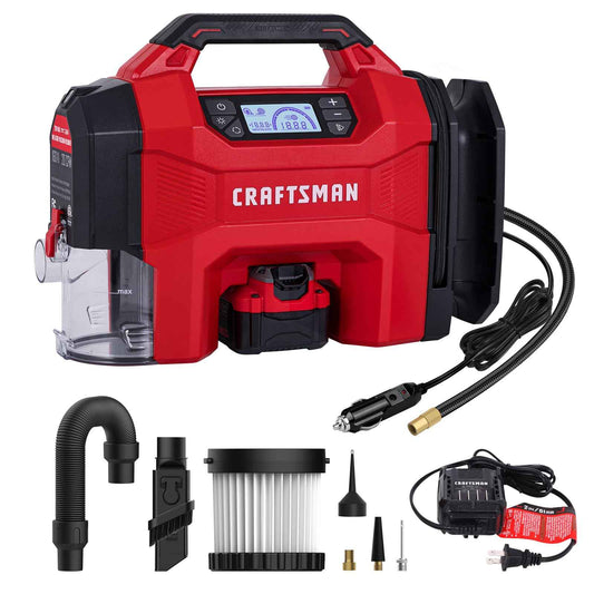 CRAFTSMAN 3-in-1 Tire Inflator Kit with Battery & Charger, 160 PSI Portable Air Compressor, Car Vacuum & Dust Blower with LED Light (Includes 4.0Ah Battery & 12V Charger)
