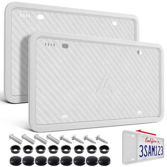 Aujen Silicone License Plate Frames, 2 Pack White Side-Opening License Bracket Holder, Without Obstruction. Rustproof, Rattle Proof & Weatherproof Universal