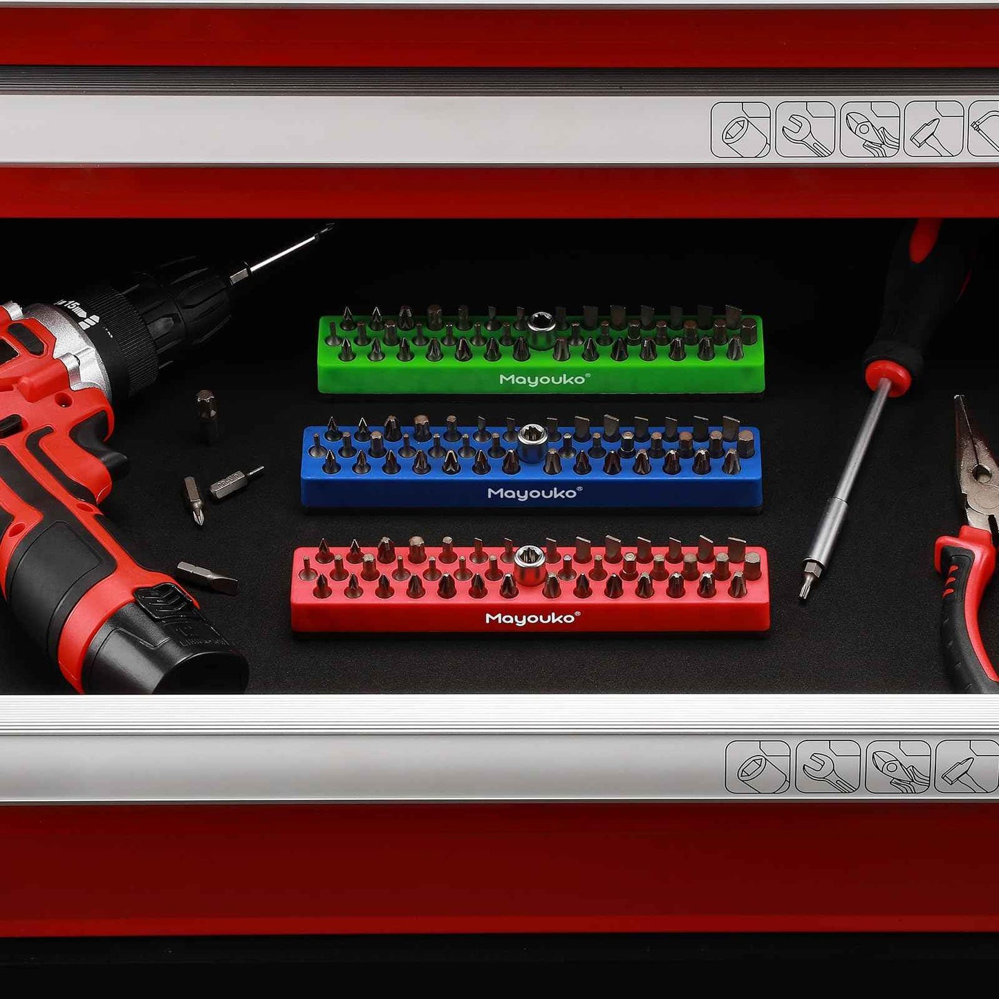 Mayouko 3PCS 1/4" Magnetic Hex Bit Holder Rack Organizer, 129 Holes, 1/4-Inch Drill Bit Holder, 3 Racks, Magnetic Bit Holder with Magnet Base for Screwdriver Bits