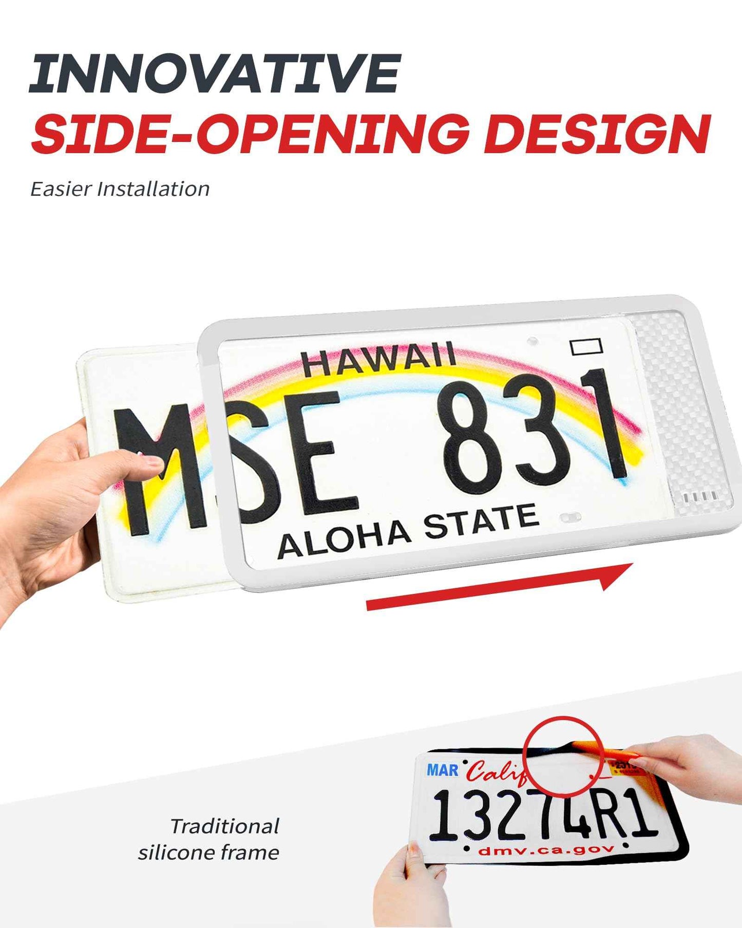 Aujen Silicone License Plate Frames, 2 Pack White Side-Opening License Bracket Holder, Without Obstruction. Rustproof, Rattle Proof & Weatherproof Universal