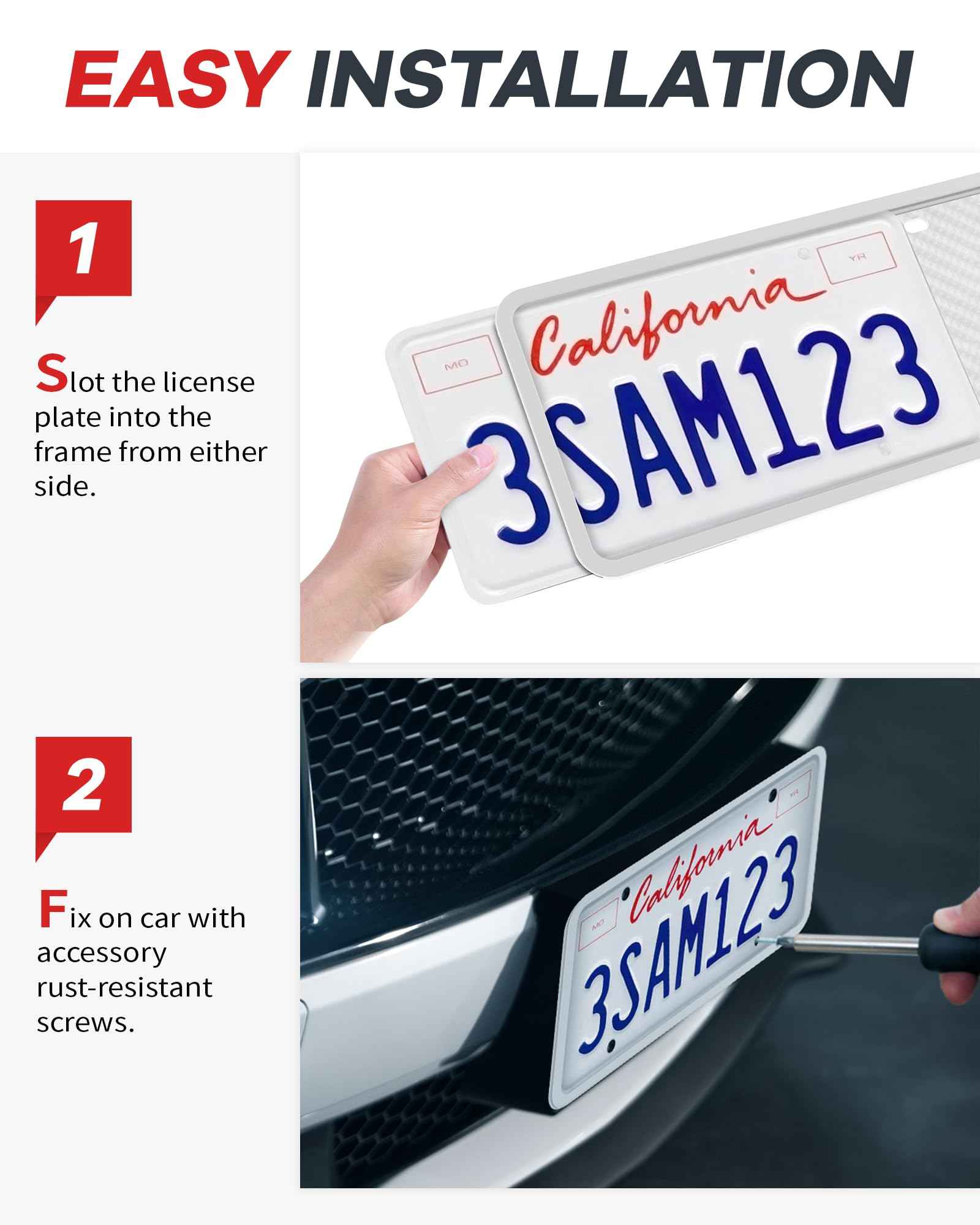 Aujen Silicone License Plate Frames, 2 Pack White Side-Opening License Bracket Holder, Without Obstruction. Rustproof, Rattle Proof & Weatherproof Universal