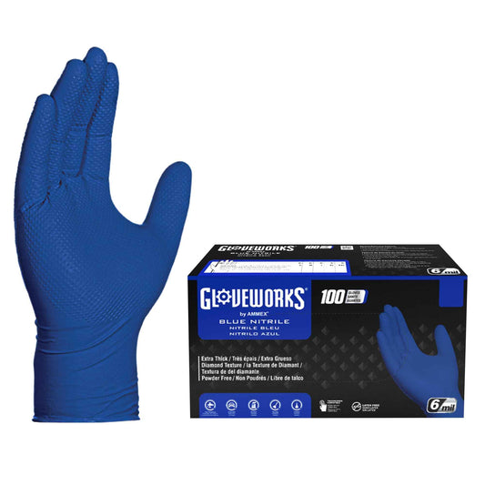 GLOVEWORKS HD Royal Blue Nitrile Industrial Disposable Gloves, 6 Mil Latex-Free, Raised Diamond Texture, Medium, Box of 100