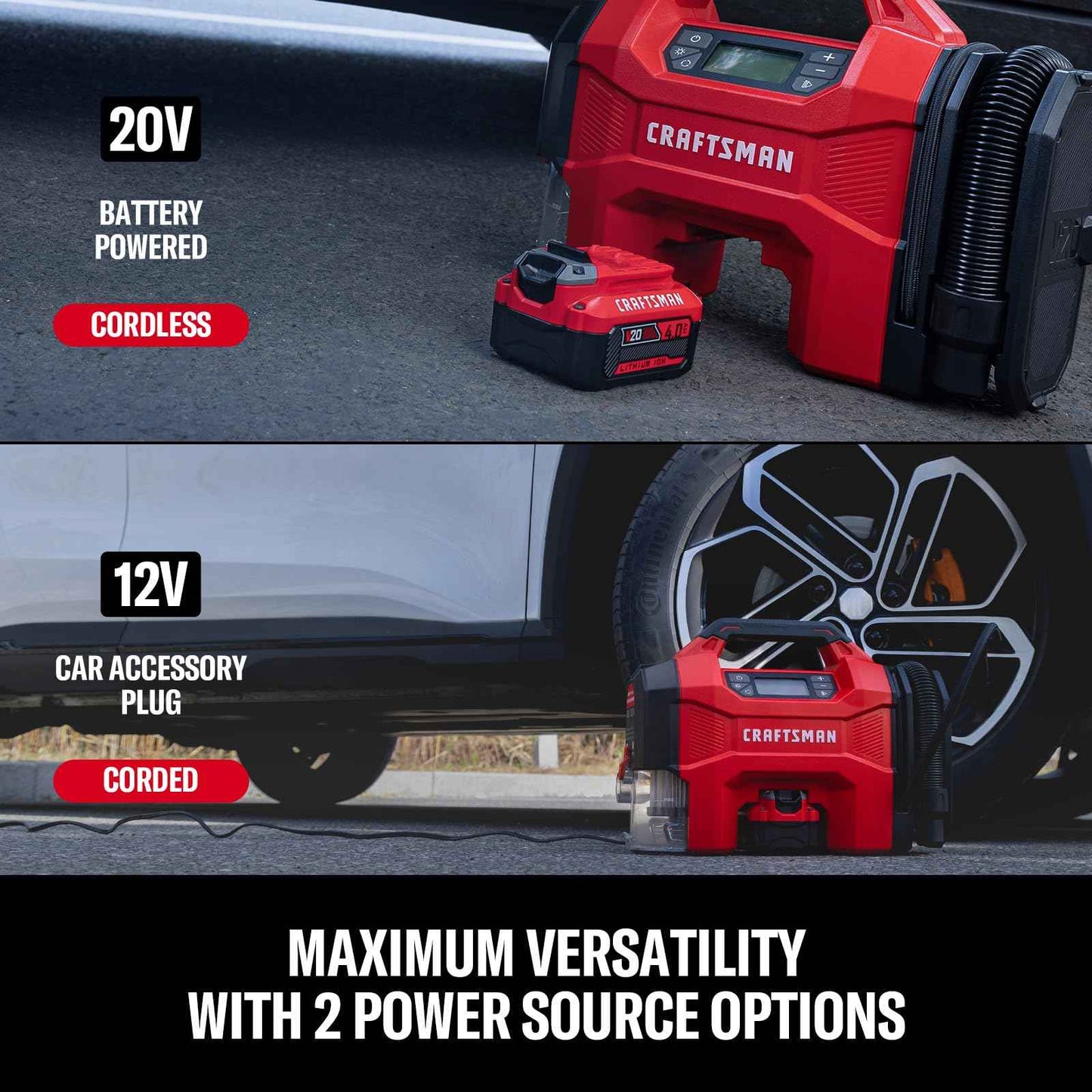 CRAFTSMAN 3-in-1 Tire Inflator Kit with Battery & Charger, 160 PSI Portable Air Compressor, Car Vacuum & Dust Blower with LED Light (Includes 4.0Ah Battery & 12V Charger)