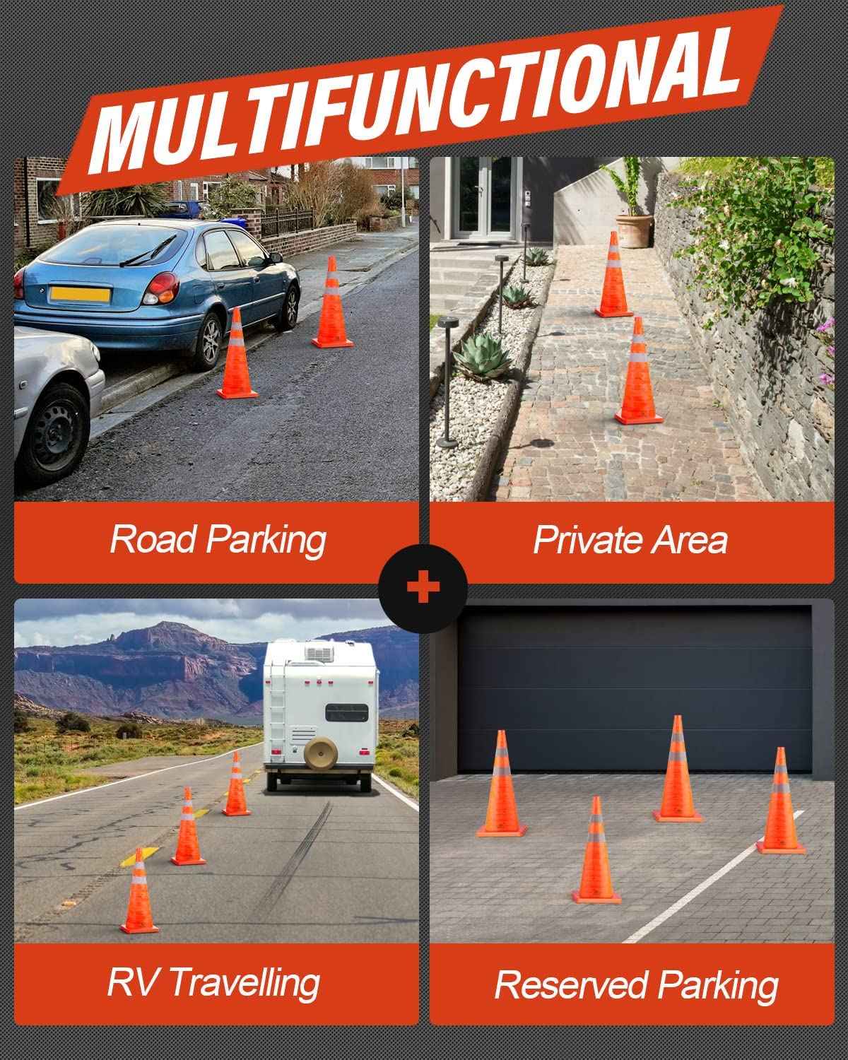 RoadHero 18 Inch 4 Pack Collapsible Traffic Safety Cones, Multi Purpose Pop-up Cones with Reflective Collar for Road Safety, Orange Cones for Driving Training, Parking Lots