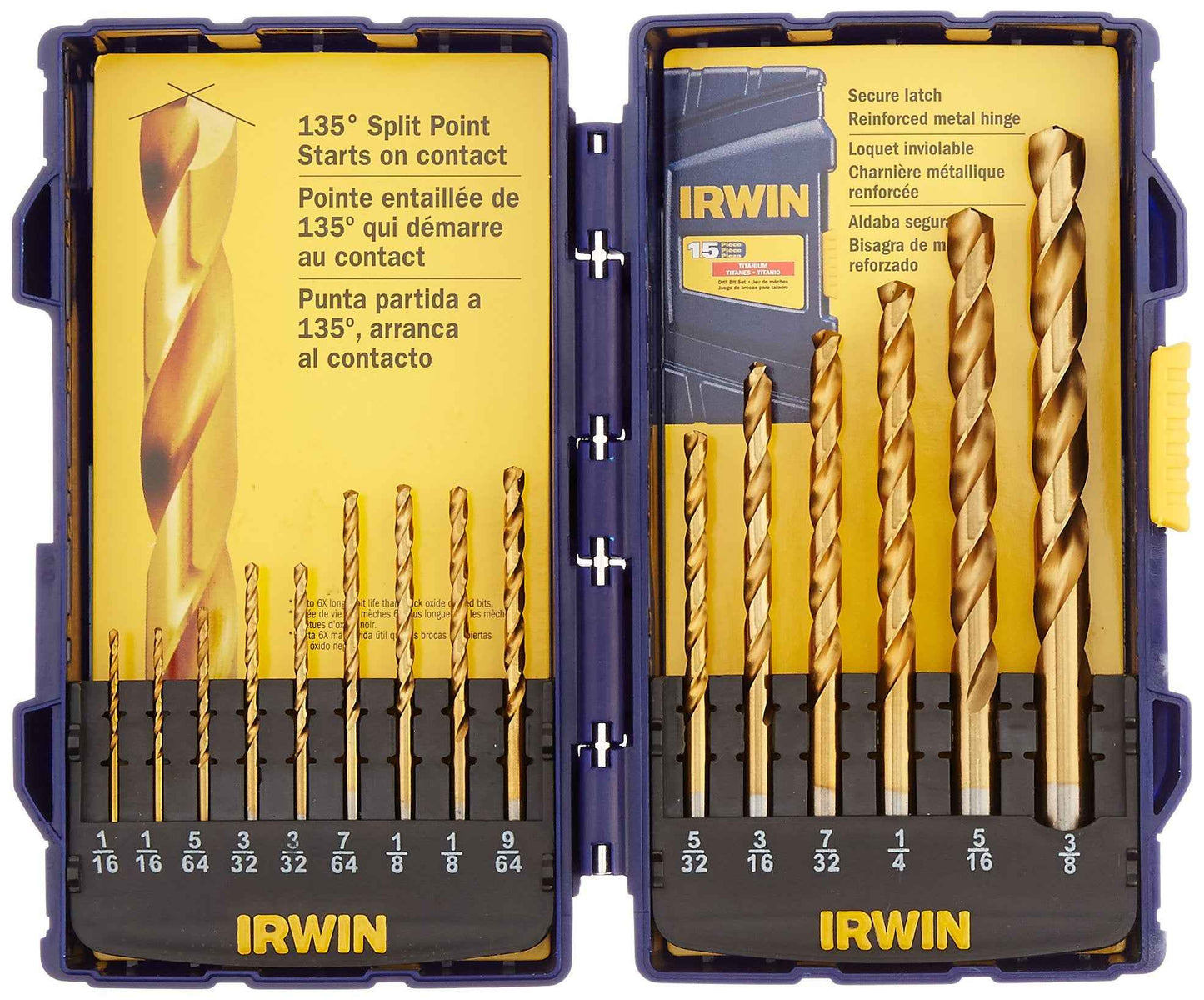 Irwin Tools 4935607 Titanium Nitride Coated High-Speed Steel Drill Bit Set, Pro Case, 15-Piece
