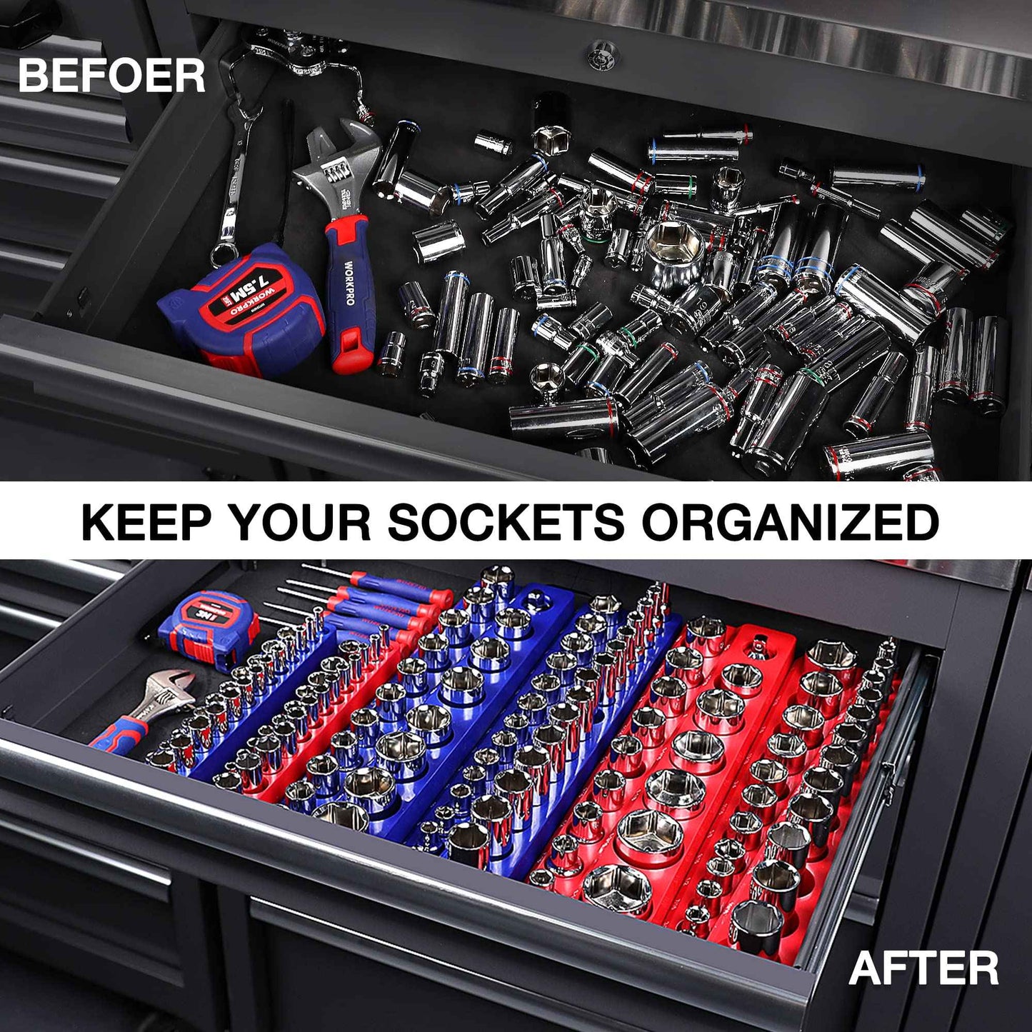 WORKPRO Magnetic Socket Organizer Set, 6-Piece Socket Holder Set Includes 1/4", 3/8", 1/2" Drive Metric SAE Socket Trays, Holds 143 Pieces Sockets, Christmas Gift for Men(Socket not Included)