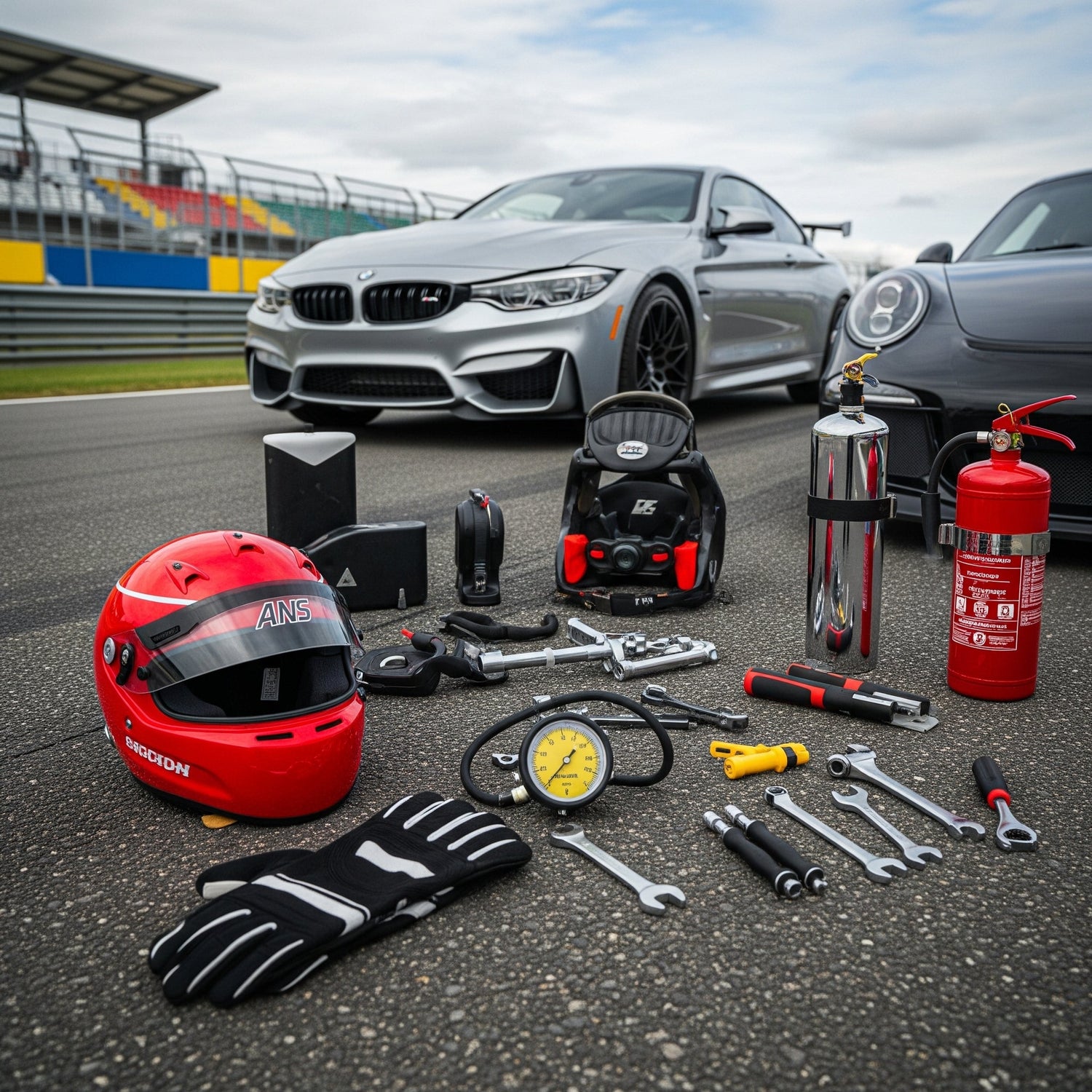 Racing tools and safety gear with sports cars on racetrack.