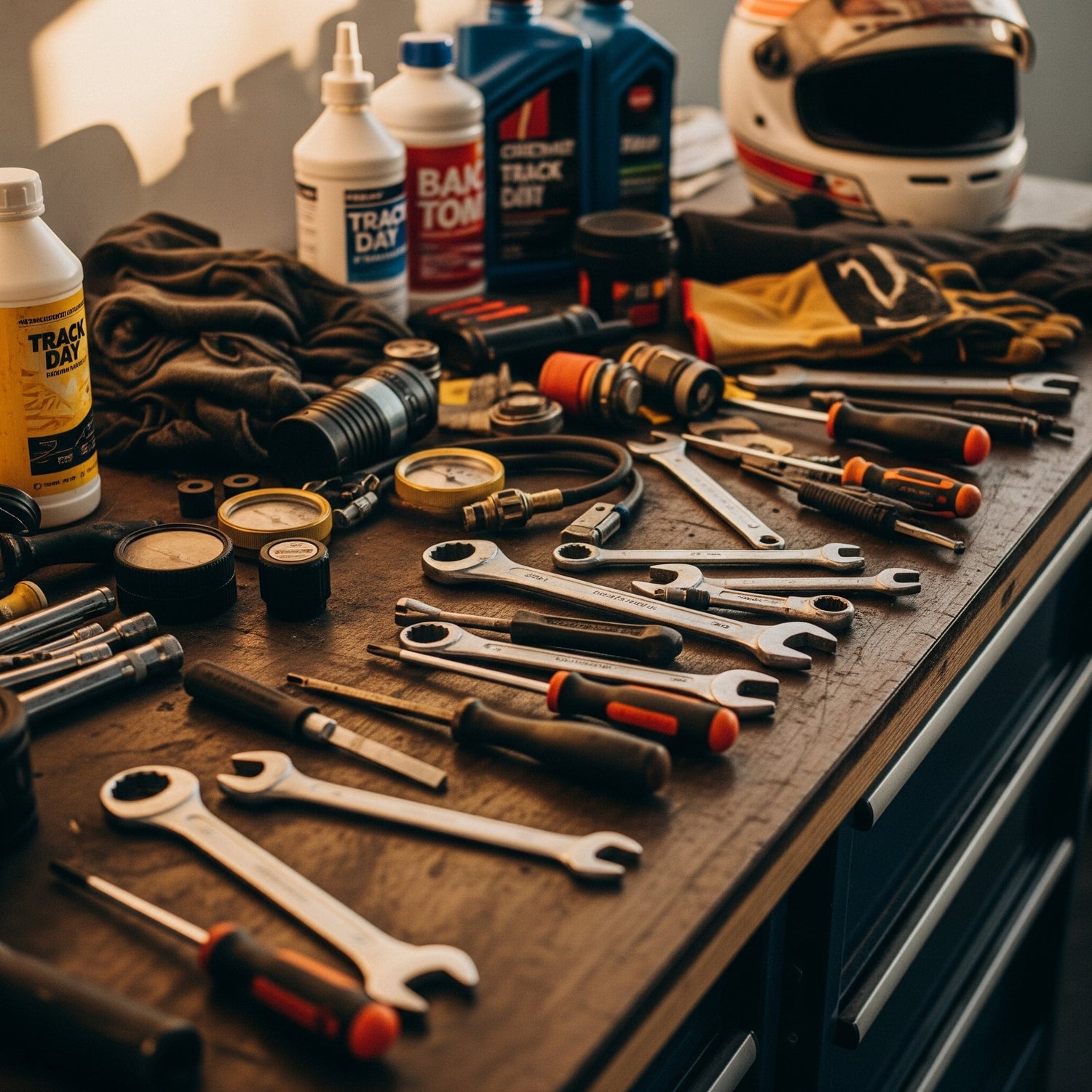 Assorted automotive tools and fluids on a garage workbench.