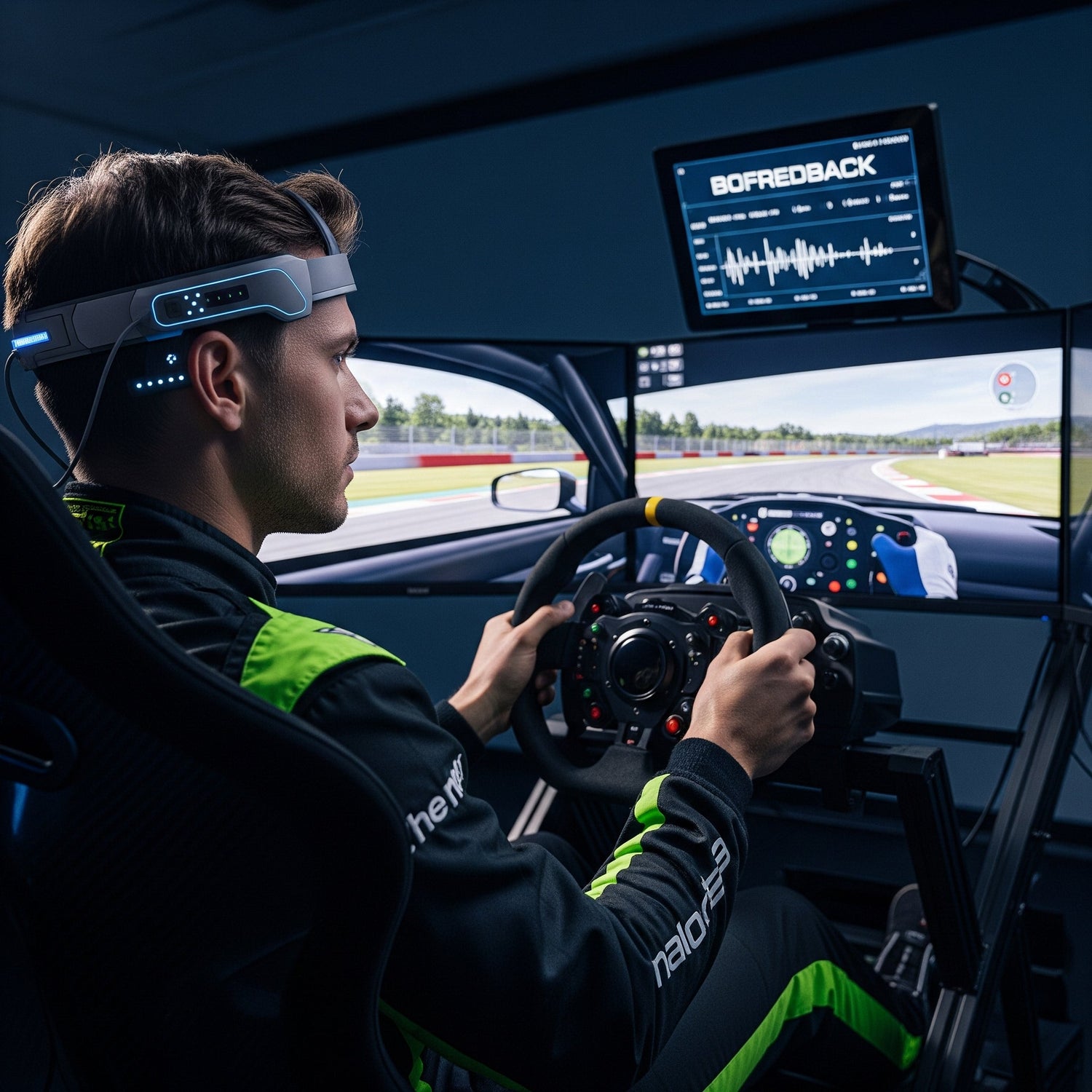 Focused racer using brainwave headset in high-tech racing simulator.