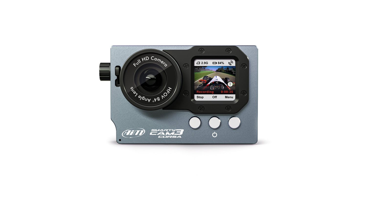 AIM SmartyCam HD motorsport action cam with display and control buttons