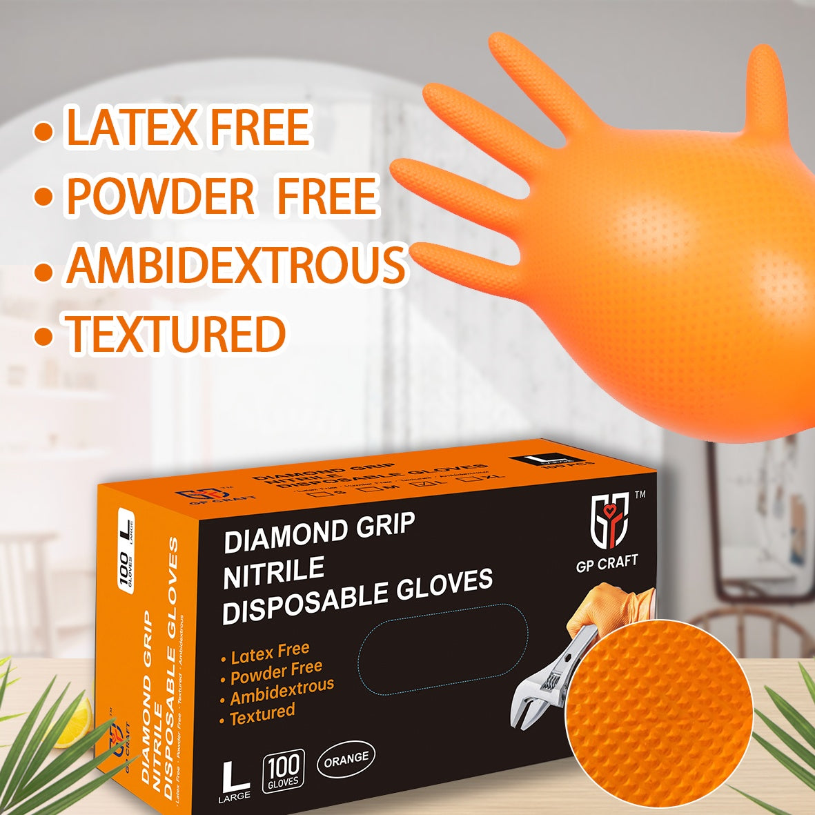 Protect those Hands! Heavy Duty Orange Nitrile Industrial Disposable Gloves with Diamond Textured Grip for Mechanics