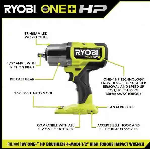 RYOBI ONE+ 18V Brushless Cordless 4-Mode 1/2 in. Impact Wrench Kit with 4.0 Battery and Charger (PBLIW01K1)