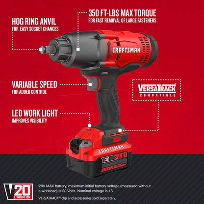 CRAFTSMAN V20 RP 1/2 inch Cordless Impact Wrench Kit, Brushless, 4Ah Battery and Charger Included (CMCF900M1)