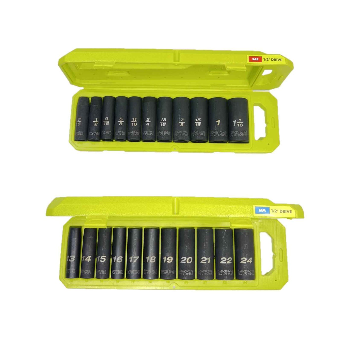 RYOBI 1/2 in SAE & Metric Deep Impact Socket Set, 6 Point (22-Piece), Black