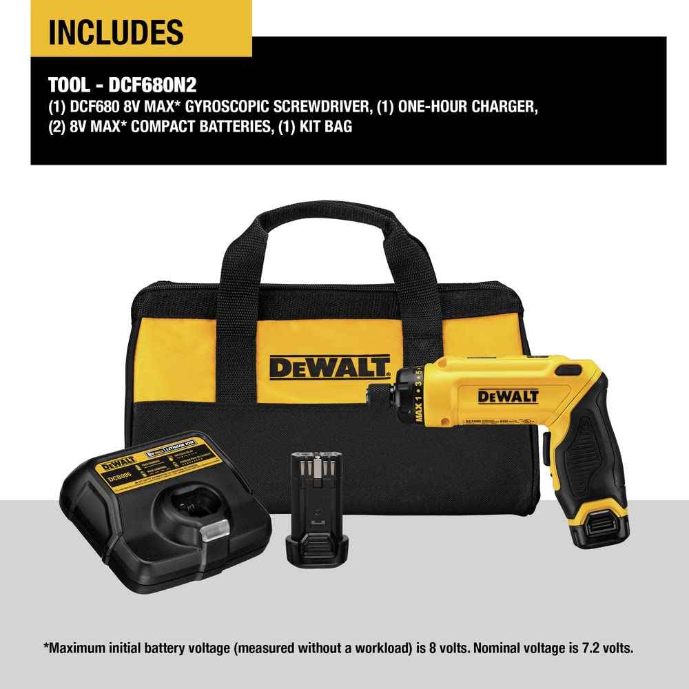 DEWALT 8V MAX Cordless Screwdriver Kit, Gyroscopic, 2 Batteries and Charger Included (DCF680N2)