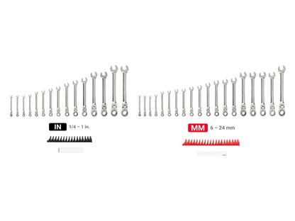TEKTON Flex Head 12-Point Ratcheting Combination Wrench Set with Modular Organizers, 34-Piece (1/4-1 in., 6-24 mm) | WRC95305