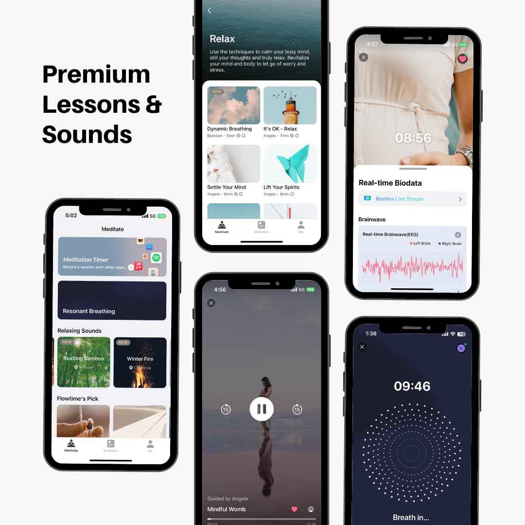 Flowtime: Biosensing Meditation Headband - Brain Tracker for Neurofeedback Training at Home - Heart Rate, Breath, HRV, Stress, Flow, Alpha, Theta, Beta, Gamma Wave Breakdowns