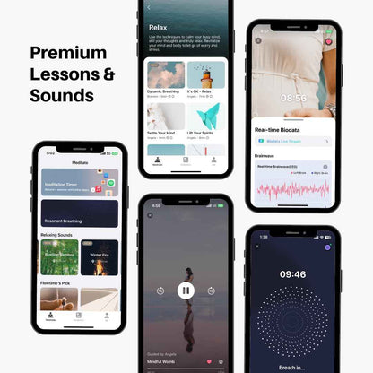 Flowtime: Biosensing Meditation Headband - Brain Tracker for Neurofeedback Training at Home - Heart Rate, Breath, HRV, Stress, Flow, Alpha, Theta, Beta, Gamma Wave Breakdowns