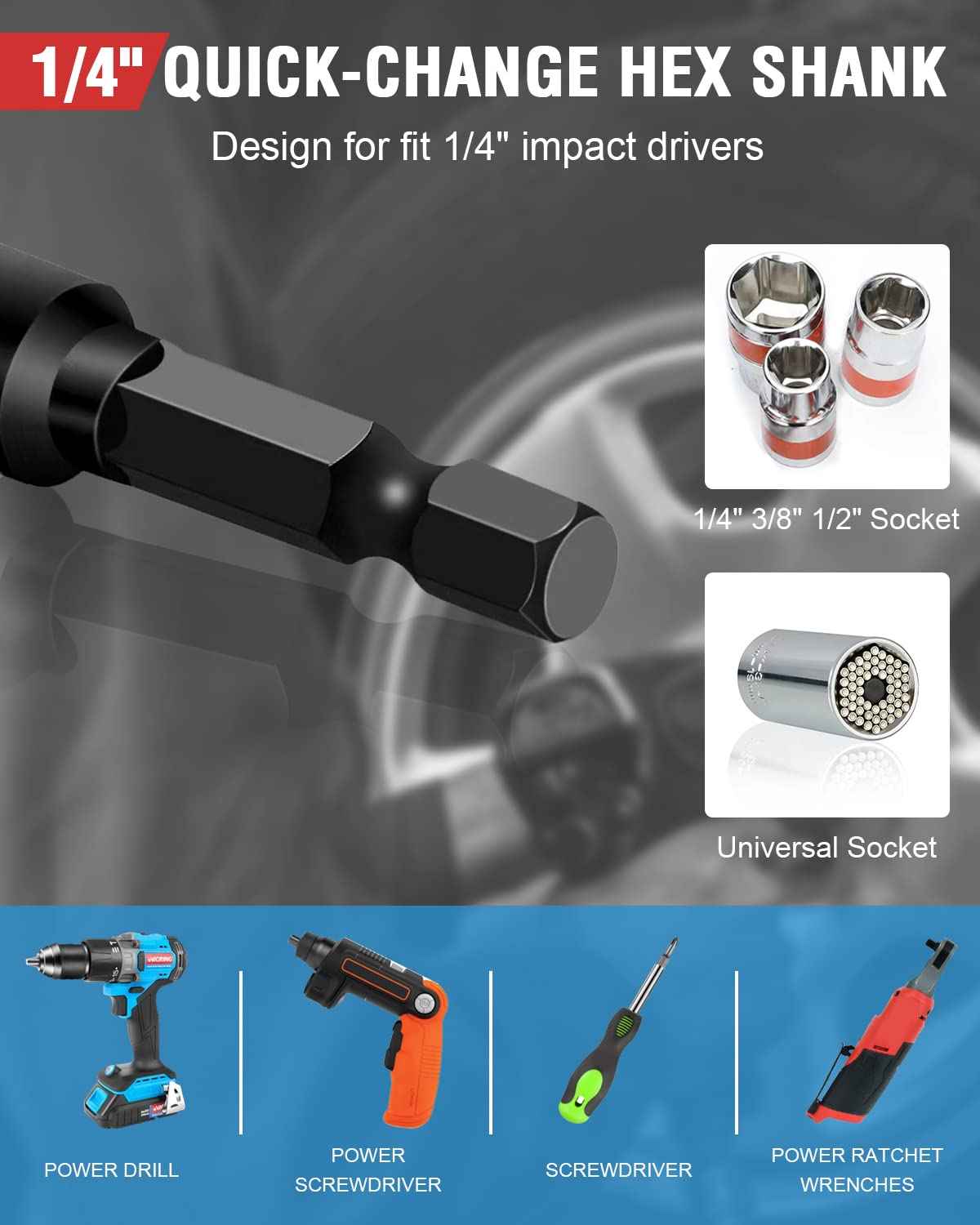 Impact Socket Adapter Set - 1/4, 3/8, 1/2 Drive Socket Adapter for Drill & Impact Wrench (6 Pcs, 3" & 6")