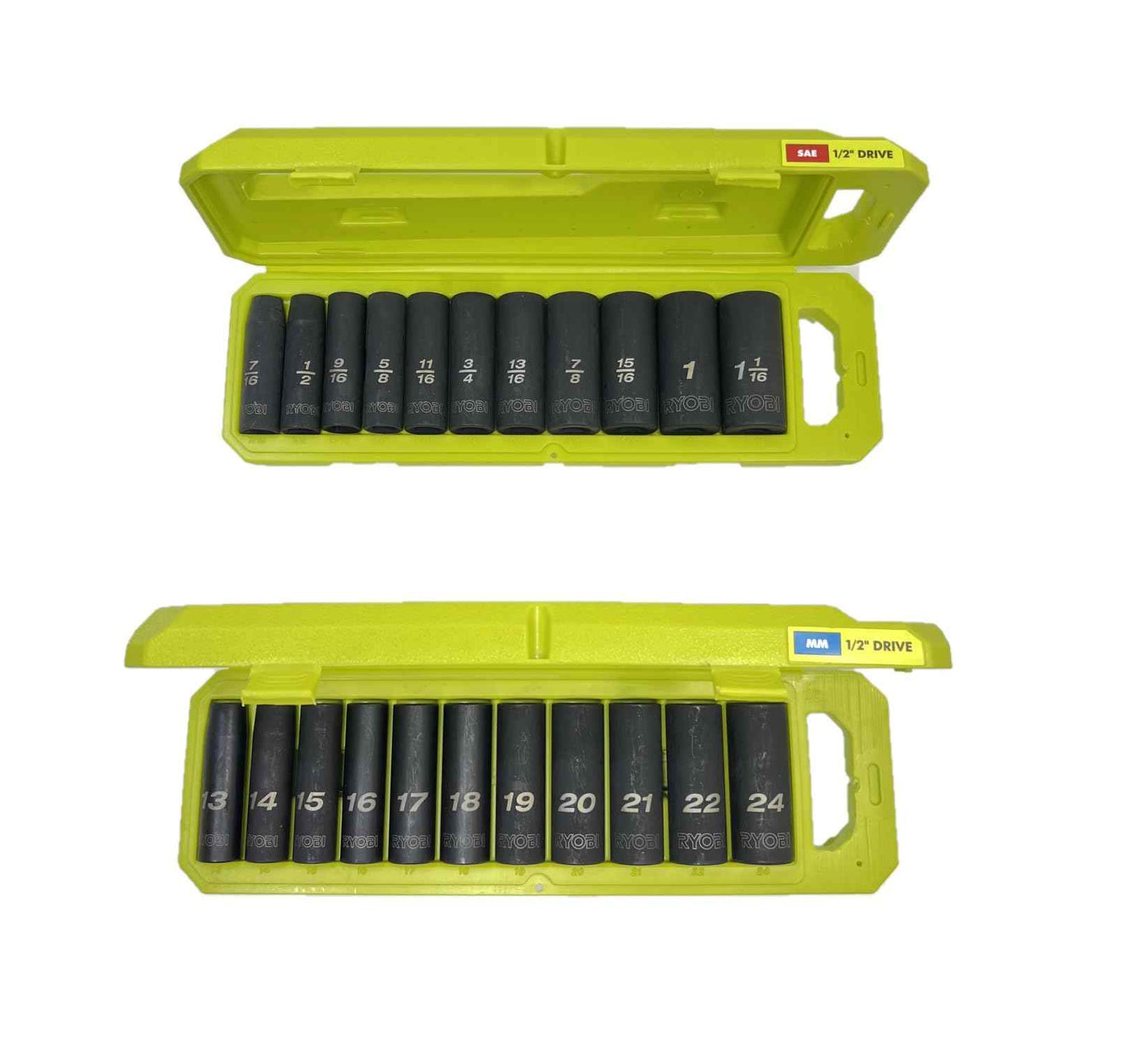 RYOBI 1/2 in SAE & Metric Deep Impact Socket Set, 6 Point (22-Piece), Black
