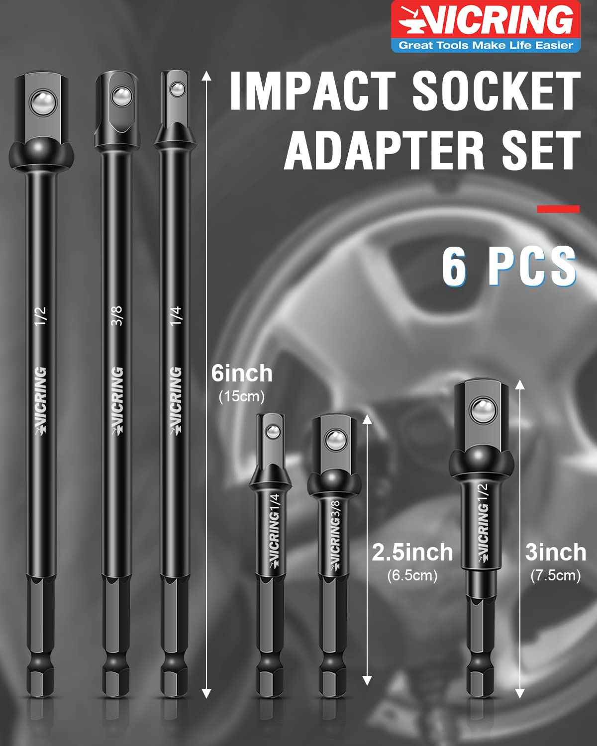 Impact Socket Adapter Set - 1/4, 3/8, 1/2 Drive Socket Adapter for Drill & Impact Wrench (6 Pcs, 3" & 6")