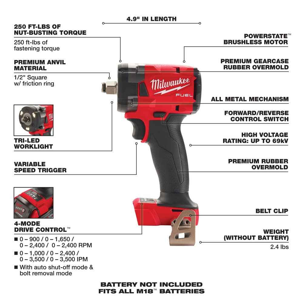Milwaukee Electric - M18 Fuel 1/2 Compact Impact Wrench W/FRIC Ring