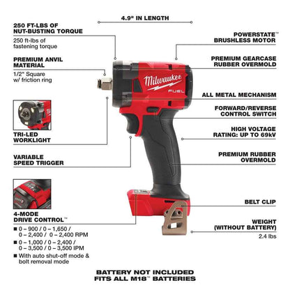 Milwaukee Electric - M18 Fuel 1/2 Compact Impact Wrench W/FRIC Ring