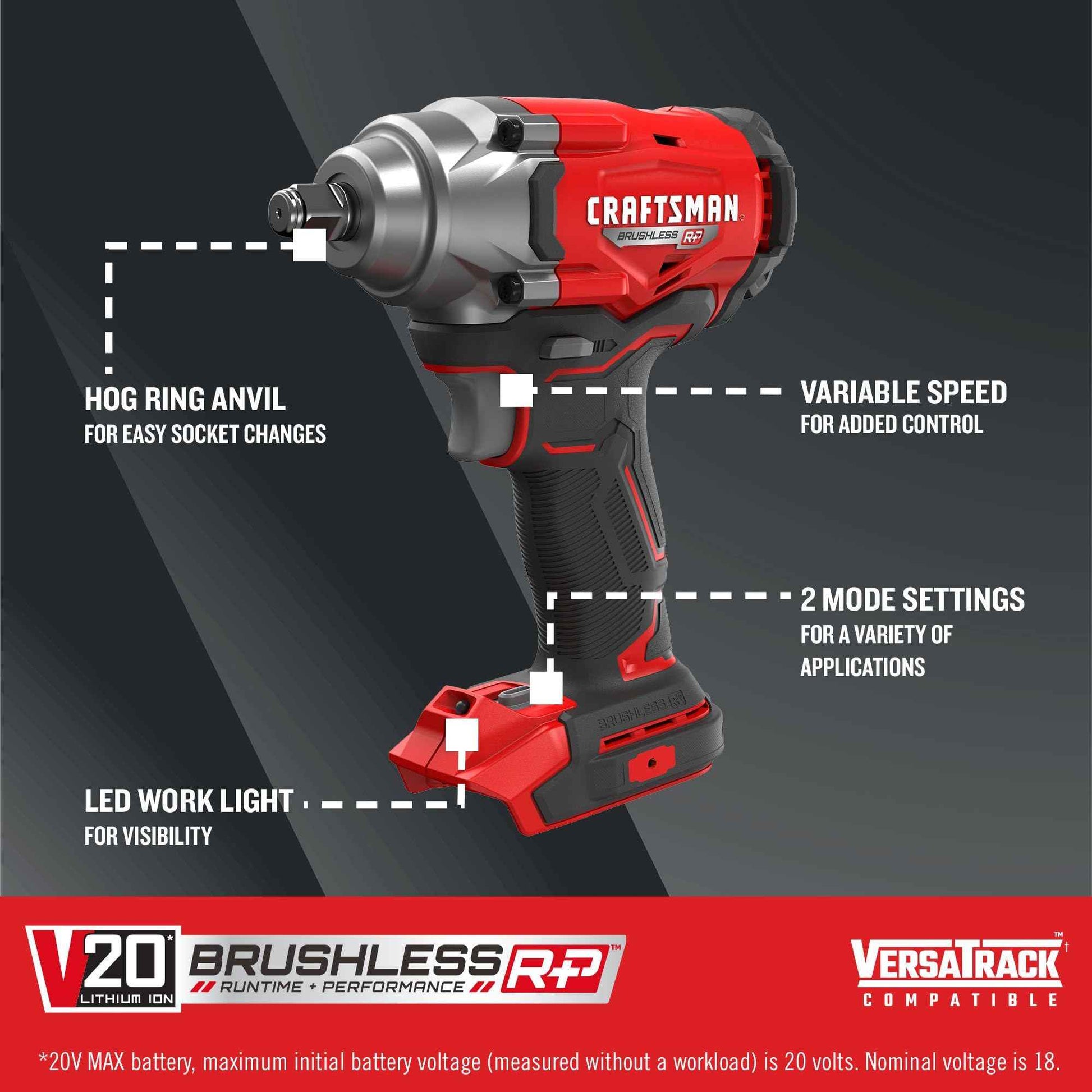 CRAFTSMAN V20 Cordless Impact Wrench, 1/2 inch, Bare Tool Only (CMCF921B)