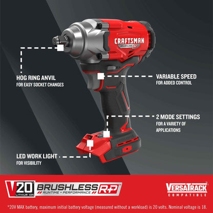 CRAFTSMAN V20 Cordless Impact Wrench, 1/2 inch, Bare Tool Only (CMCF921B)
