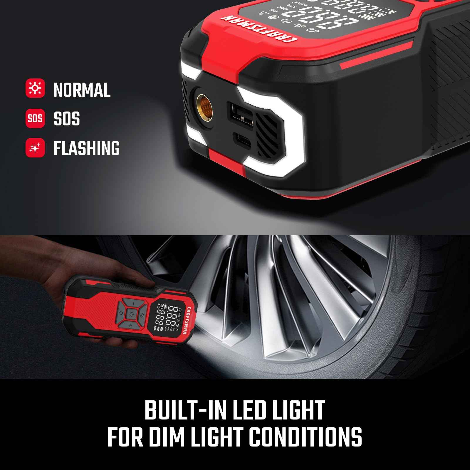 CRAFTSMAN Tire Inflator Portable Air Compressor, Cordless Mini Air Pump for Car Tires with Digital Tire Pressure Gauge, 6000mAh Battery Powered Air Pump, Max Pressure 150 PSI, 12V DC Corded