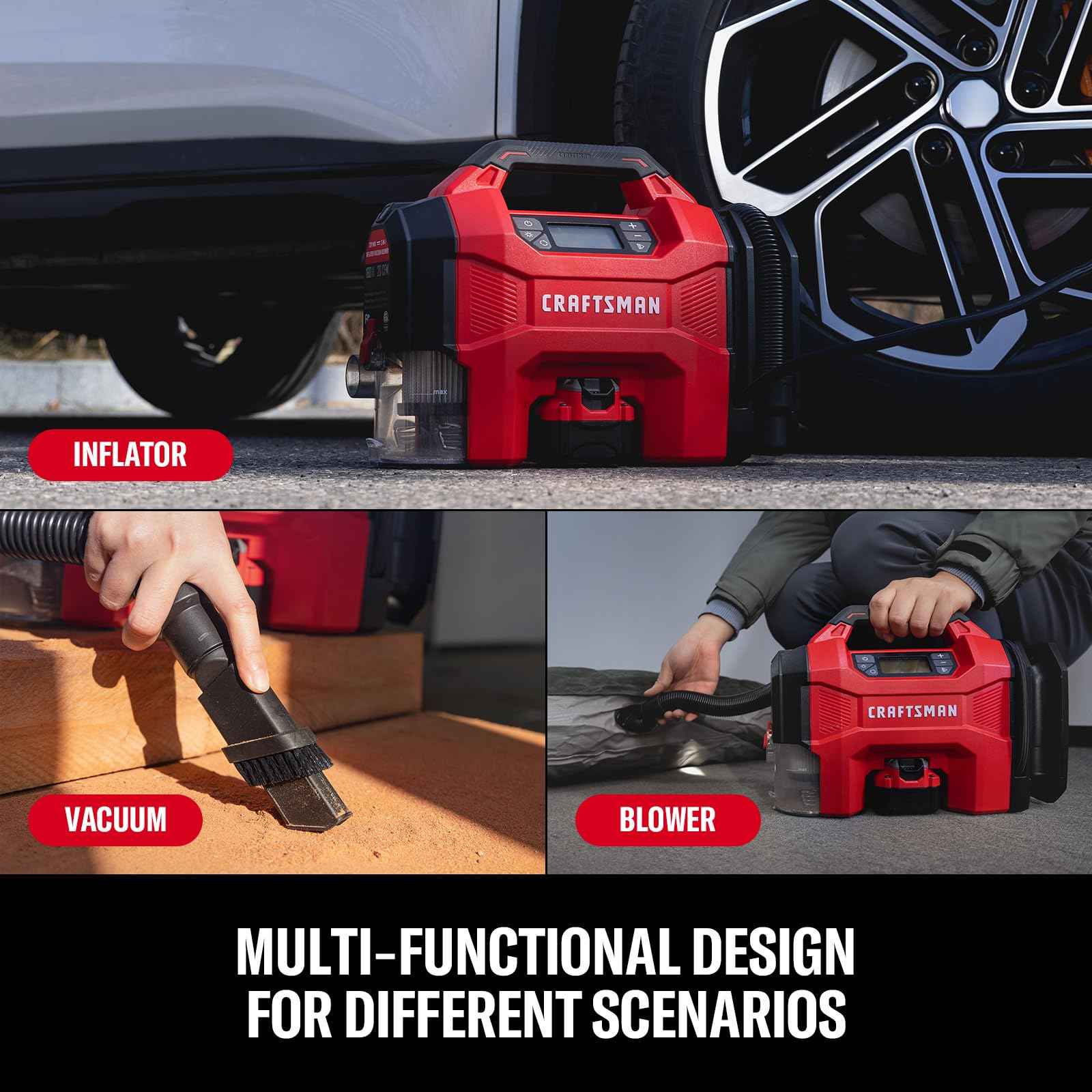 CRAFTSMAN 3-in-1 Tire Inflator Kit with Battery & Charger, 160 PSI Portable Air Compressor, Car Vacuum & Dust Blower with LED Light (Includes 4.0Ah Battery & 12V Charger)