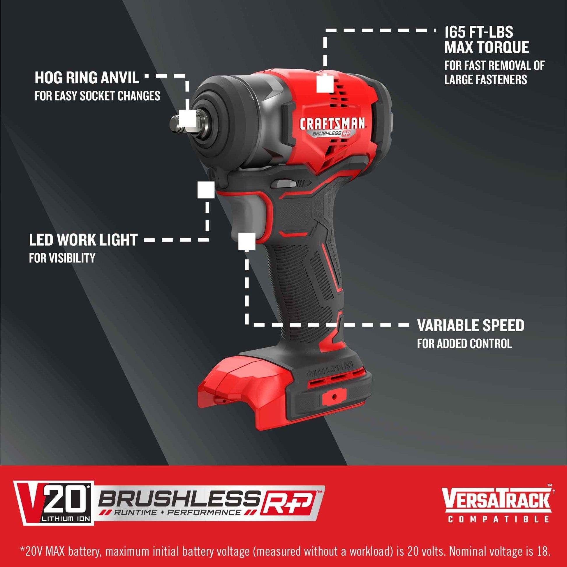 CRAFTSMAN V20 RP Cordless Impact Wrench, 3/8 inch Drive, Bare Tool Only (CMCF911B)