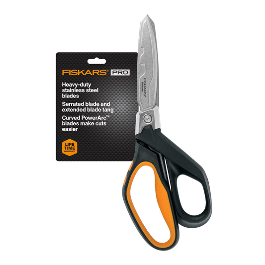 Fiskars PowerArc 8" Shop Shears, Heavy Duty Serrated Stainless Steel Scissors with Comfort Grip, Hardware Tool for Construction, Cut Materials like Insulation, Duct Tape, Cardboard, Rope and Tyvek
