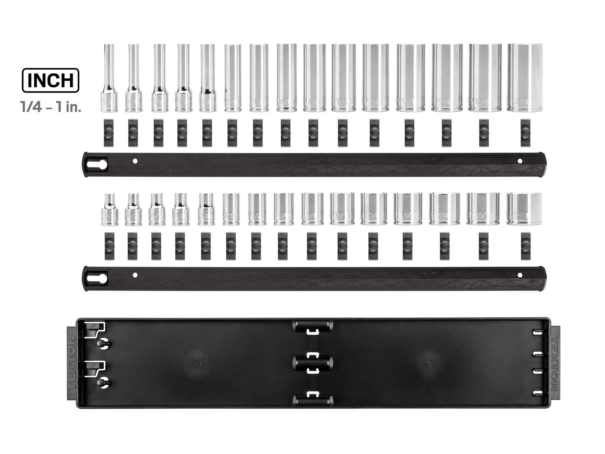 TEKTON 3/8 Inch Drive 12-Point Socket Set with Rails and Tray, 30-Piece (1/4-1 in.) | SHD91210