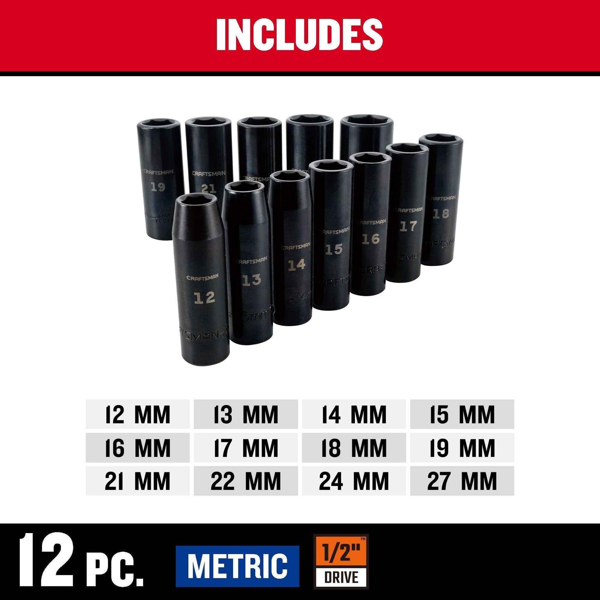 CRAFTSMAN Impact Socket Set, Metric, 1/2-Inch Drive, Deep Impact Sockets, 12-Piece (CMMT15887)
