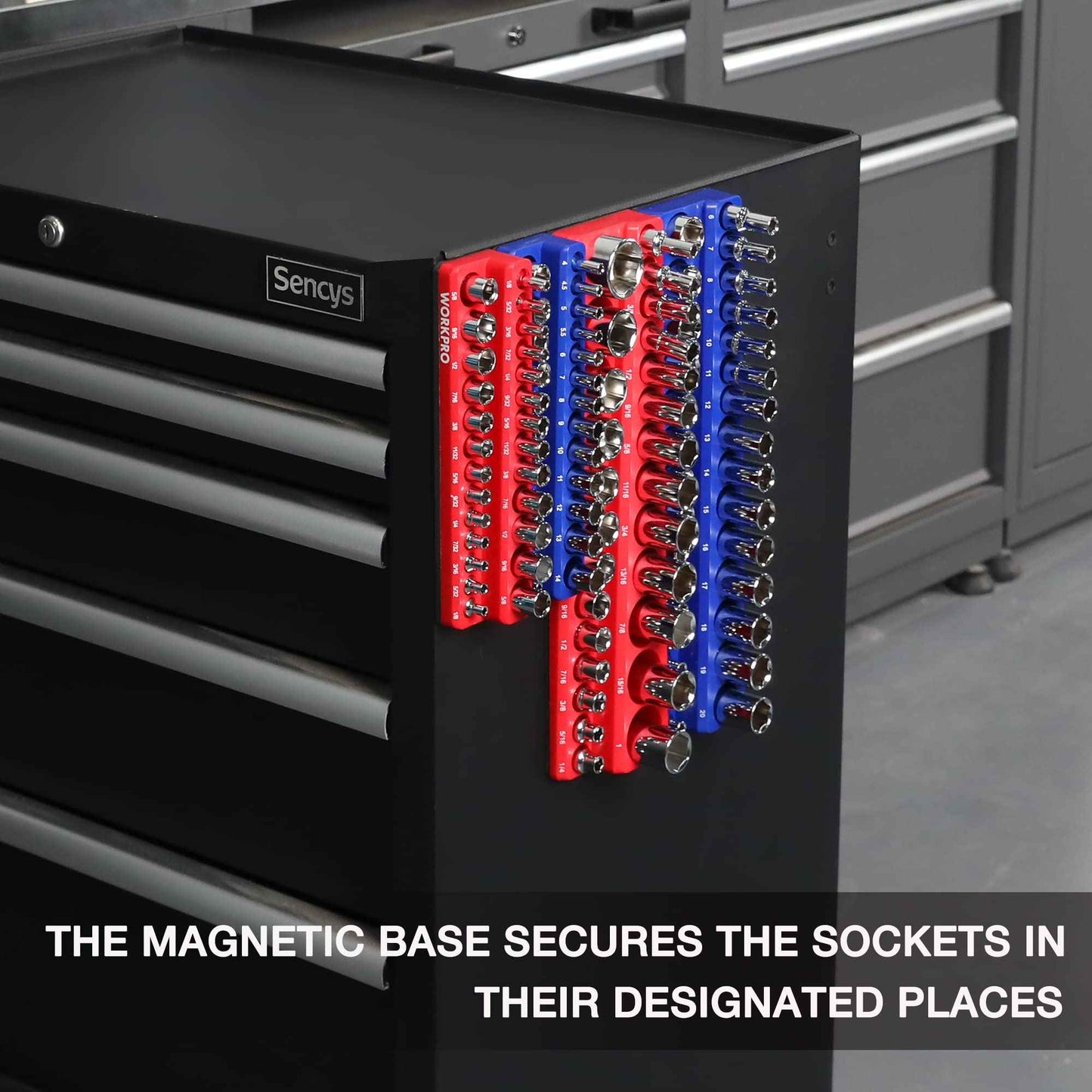 WORKPRO Magnetic Socket Organizer Set, 4-Piece Socket Holder Set Includes 1/4", 3/8" Drive Metric & SAE Socket Trays, Holds 108 Pieces Standard and Deep Size Sockets (Sockets not Included)