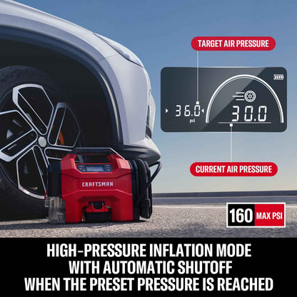 CRAFTSMAN 3-in-1 Tire Inflator Kit with Battery & Charger, 160 PSI Portable Air Compressor, Car Vacuum & Dust Blower with LED Light (Includes 4.0Ah Battery & 12V Charger)